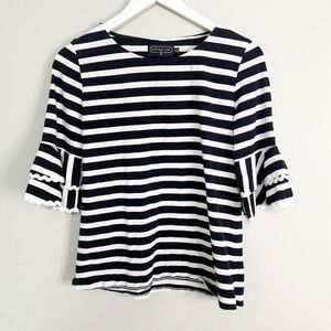 DUFFIELD LANE Women’s Navy White Striped Shirt Tiered Ric Rac Sleeves Size S
